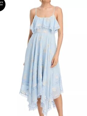 Light Blue Floral Ruffle Handkerchief Hem Dress